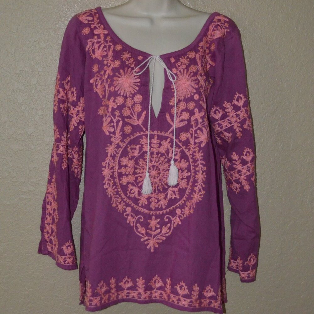 Sz M Melissa Odabash Purple Pink Embroidered Long Sleeve Blouse Tunic Cover Up